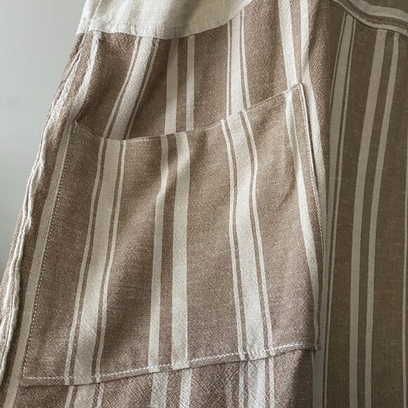 Handmade Plus Size Cotton Linen Patch Pockets Neutrals Brown Stripes Dress - Picture 8 of 15